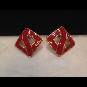 Vintage Gold And Red Enamel Earrings